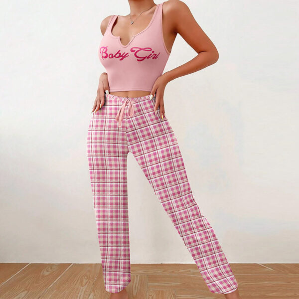 Spring Summer Women's Casual Pajamas Home Wear Vest Color Matching Plaid Trousers Letter Print Top Ladies 2 Pcs Home Clothes Sleepwear – Bild 6