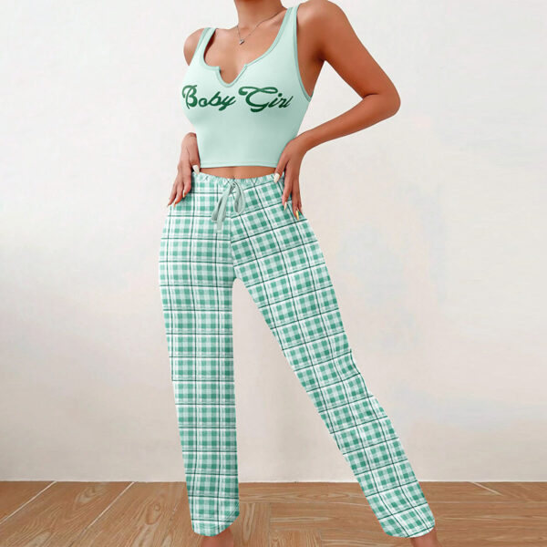 Spring Summer Women's Casual Pajamas Home Wear Vest Color Matching Plaid Trousers Letter Print Top Ladies 2 Pcs Home Clothes Sleepwear – Bild 9