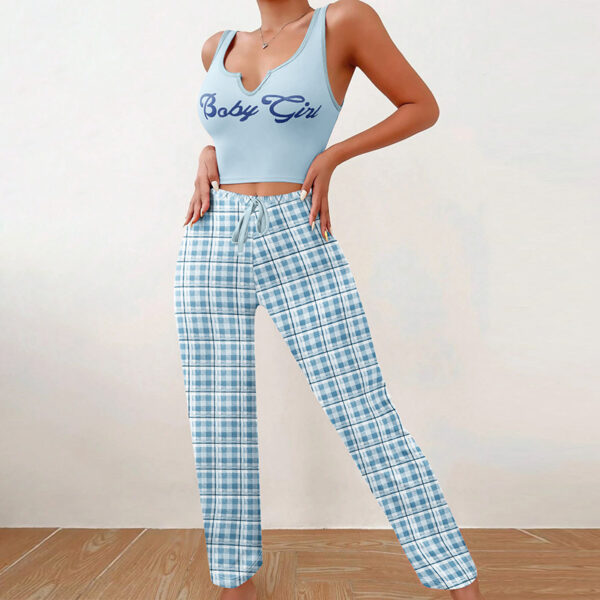 Spring Summer Women's Casual Pajamas Home Wear Vest Color Matching Plaid Trousers Letter Print Top Ladies 2 Pcs Home Clothes Sleepwear – Bild 4