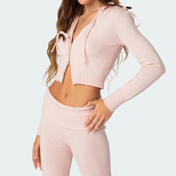 Fashion Knitted Hooded Suit Long Sleeve Zipper Cropped Top And Slim Flared Pants Trousers Solid Outfits Women's Clothing – Bild 3