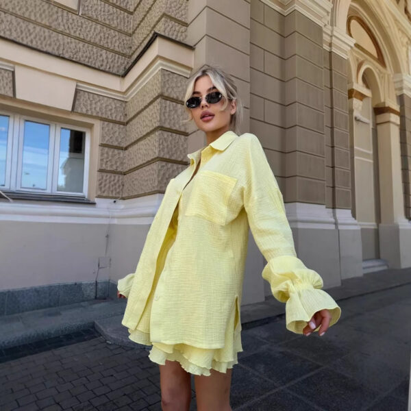 Long Sleeve Ruffled Shirt Double Layer Casual Shorts Suit – Bild 7