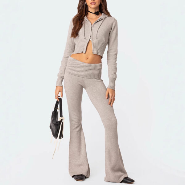 Fashion Knitted Hooded Suit Long Sleeve Zipper Cropped Top And Slim Flared Pants Trousers Solid Outfits Women's Clothing – Bild 4