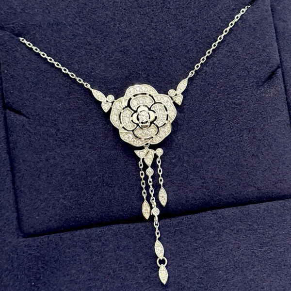 Female 925 Silver Inlaid Zirconia Diamond Camellia Tassel Necklace