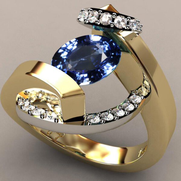 18K Gold Plated Sapphire Two-tone Ring For Women