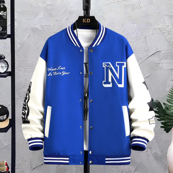 Letter Print Color Block Jacket Ins Fashion Loose Button Round Neck Baseball Coat Top For Men – Bild 6