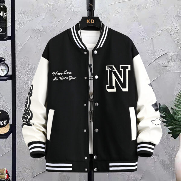 Letter Print Color Block Jacket Ins Fashion Loose Button Round Neck Baseball Coat Top For Men – Bild 5