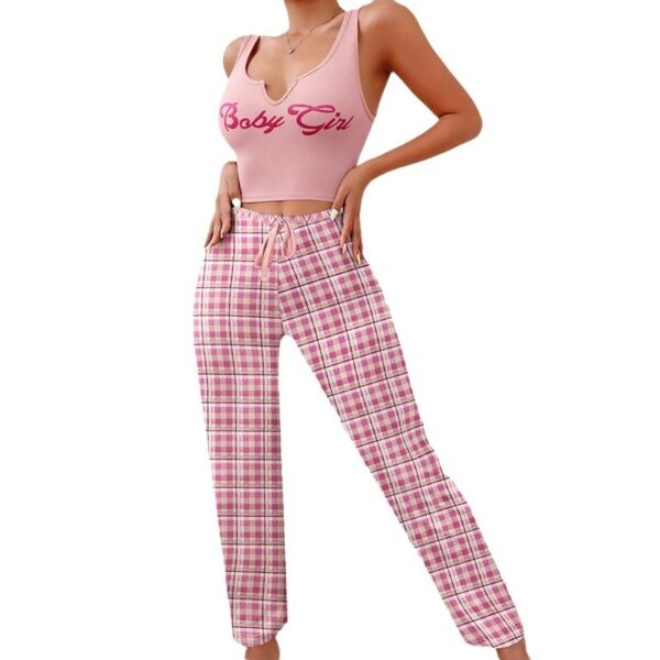 Spring Summer Women's Casual Pajamas Home Wear Vest Color Matching Plaid Trousers Letter Print Top Ladies 2 Pcs Home Clothes Sleepwear – Bild 7