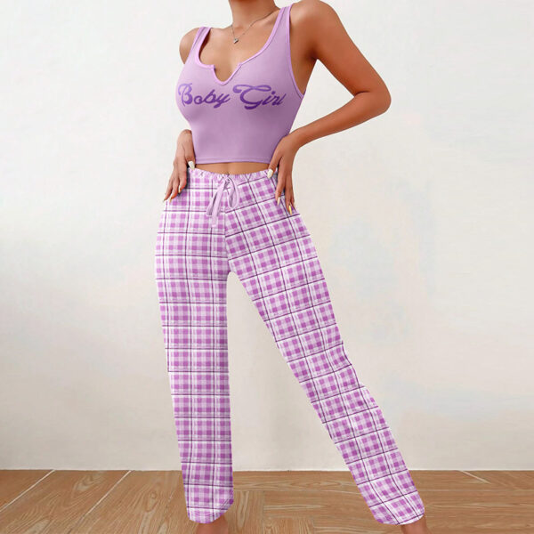 Spring Summer Women's Casual Pajamas Home Wear Vest Color Matching Plaid Trousers Letter Print Top Ladies 2 Pcs Home Clothes Sleepwear – Bild 3