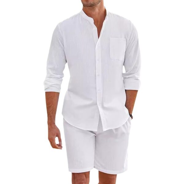 Men's Summer Two-piece Polyester Button Shirt Long Sleeve Shorts – Bild 10