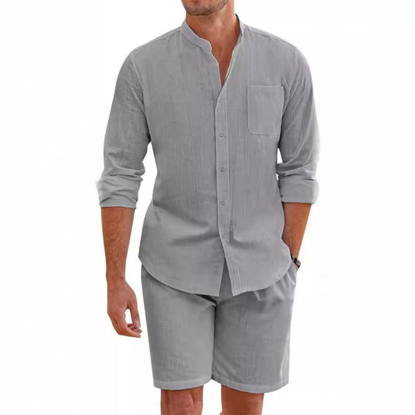 Men's Summer Two-piece Polyester Button Shirt Long Sleeve Shorts – Bild 9